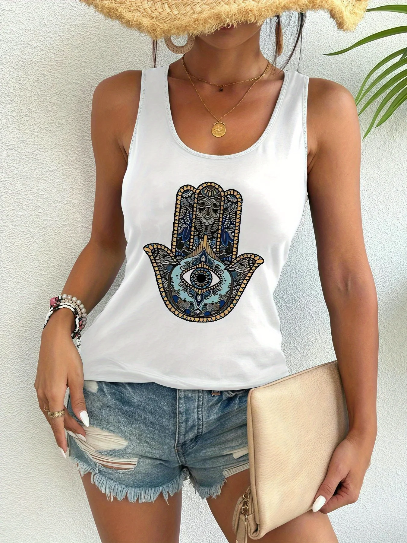 Printed Summer Women's Loose and Personalized Dream Catcher Mesh Printed Vest Top T-Shirt Comfortable Sleeveless