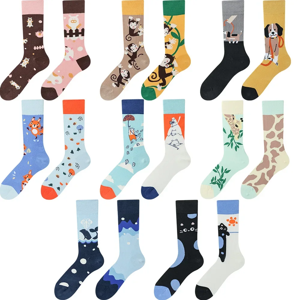 Happy Socks AB Asymmetrical Socks Cartoon Color Contrast Fashion Cotton Men And Women Couples Mid Tube Socks