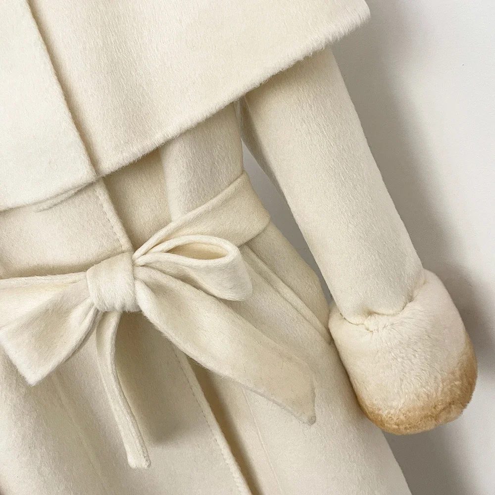 OFTBUY Neue Winter-Luxus-Oberbekleidung für Damen, Langer Woll-Alpaka-Mantel mit Gürtel, Cape-Kragen, Echtes Rex-Kaninchenfell, Elegante Damenjacke – Detail 5