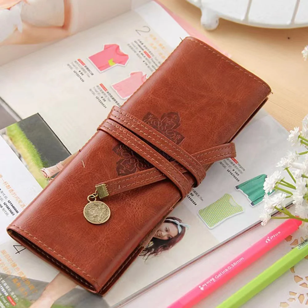 2Pcs Retro Vintage PU Leather Makeup Cosmetic Tool Case Pen Pencil Organizer Pouch Bag Stationery Bag Art Pencil Case