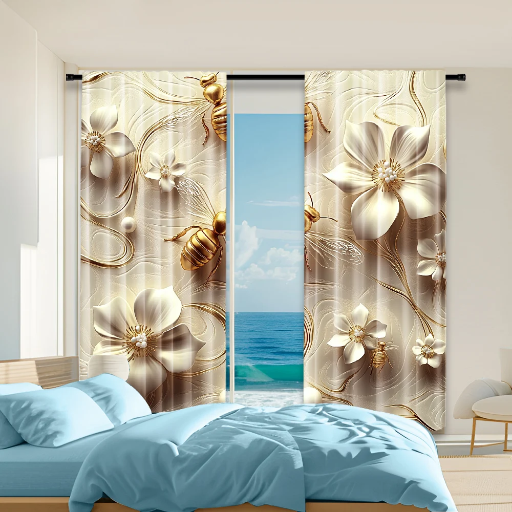 

2Pcs Digital Printed Window Curtains With Bee And Flower Suitable For Living Room Cloakroom Kitchen Bedroom Study Dining Room