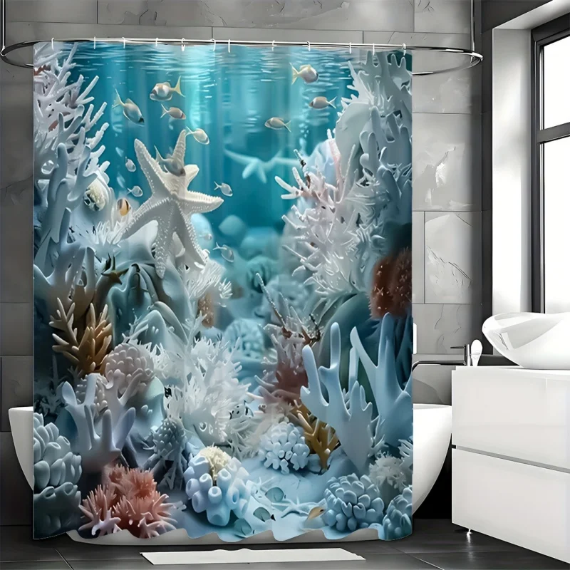 1pc Ocean Style Shell Starfish Print , Decorative Bathroom Set Including Waterproof Shower Curtain and 12