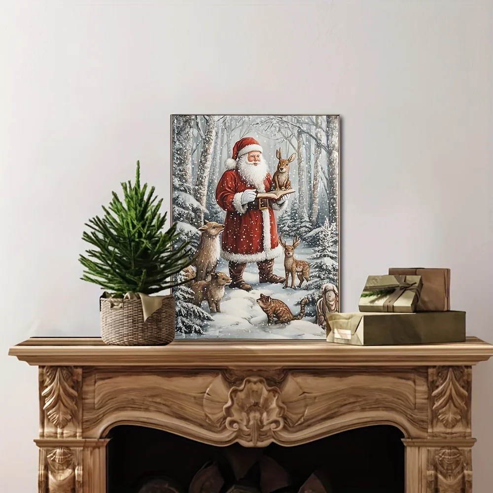 Christmas Winter Scene Canvas Painting Forest Animals - Framed Father Christmas with Deer and Rabbit Pattern Holiday Decoration