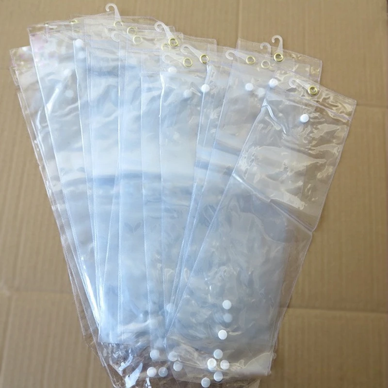 10pcs 8inch-24inch plastic pvc bags for packing hair extension transparent packaging bags with button and hook up