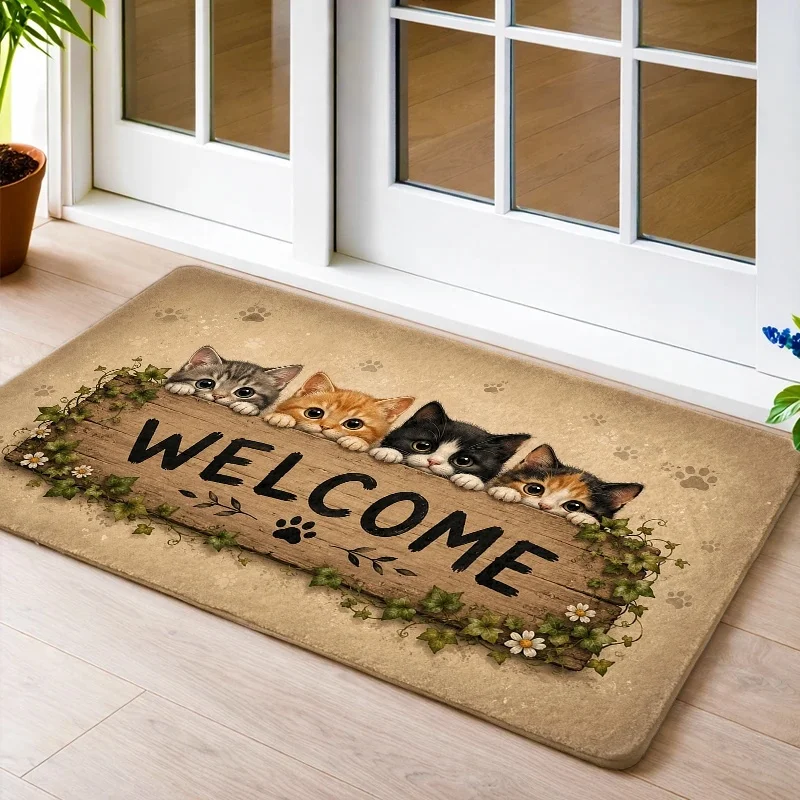 Cartoon Cat Non‑Slip Doormat, Keep Door Closed Letter Rug, Practical Entry Mat for Front Porch Indoor Outdoor Home