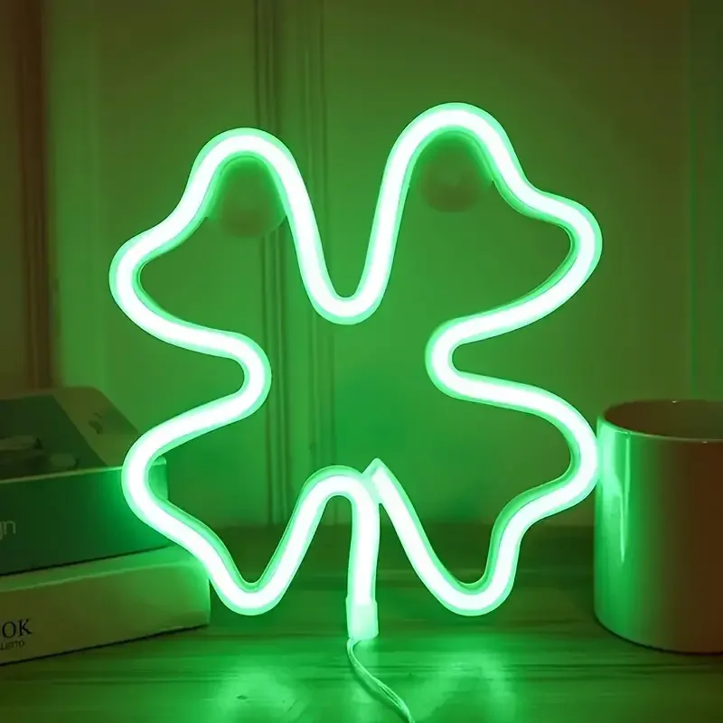 Green Clover LED Neon Sign USB/Battery Powered LED Light for Bedroom Room Decoration Gift Night Light Decoration Party Holiday