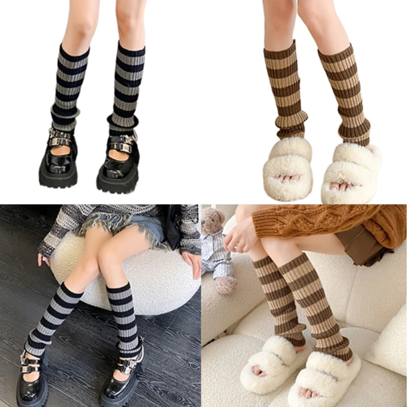 

Women Contrast Color Striped Leg Warmer Ribbed Knitted Calf Socks Boot Covers M6CD