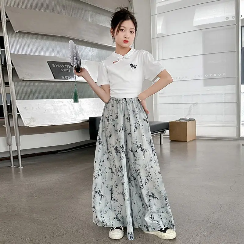 Girls Suits Summer Fashion All-in-one Set Medium Children Hollow Out Country Style Summer New Short Sleeve Top Two-piece Set