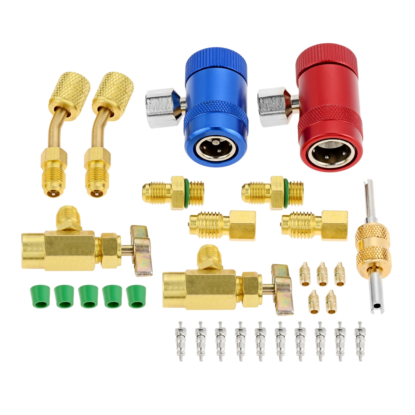 18Pcs/Set R1234yf Adapter Kit Car Air Conditioner Quick Couplers Angled Ball Valve Hose Seals Can Taps Valve Core Remover