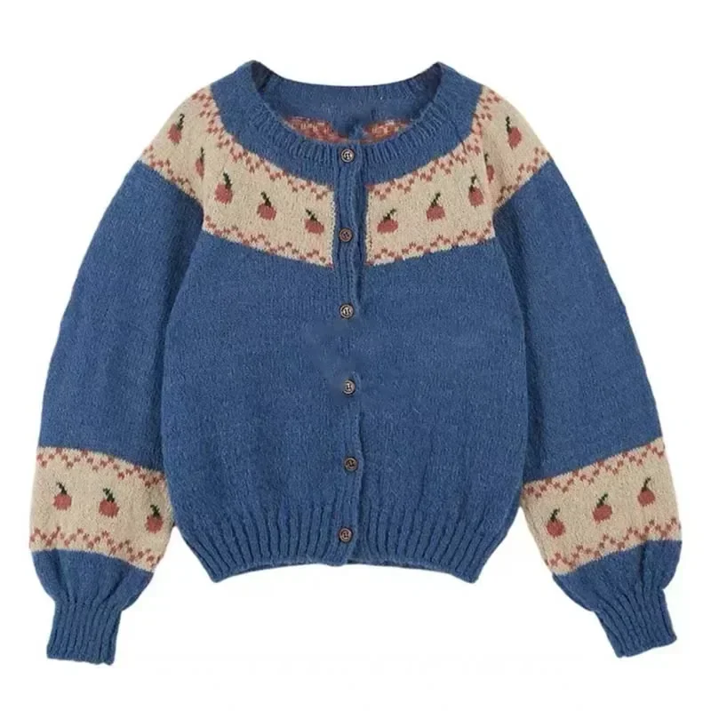 Pre-sale(Ship October) 2024 EM Autumn Kids Clothes Girls Cotton Sweater Lattice Cotton Baby Girls Embroidery  Sweaters for Kids