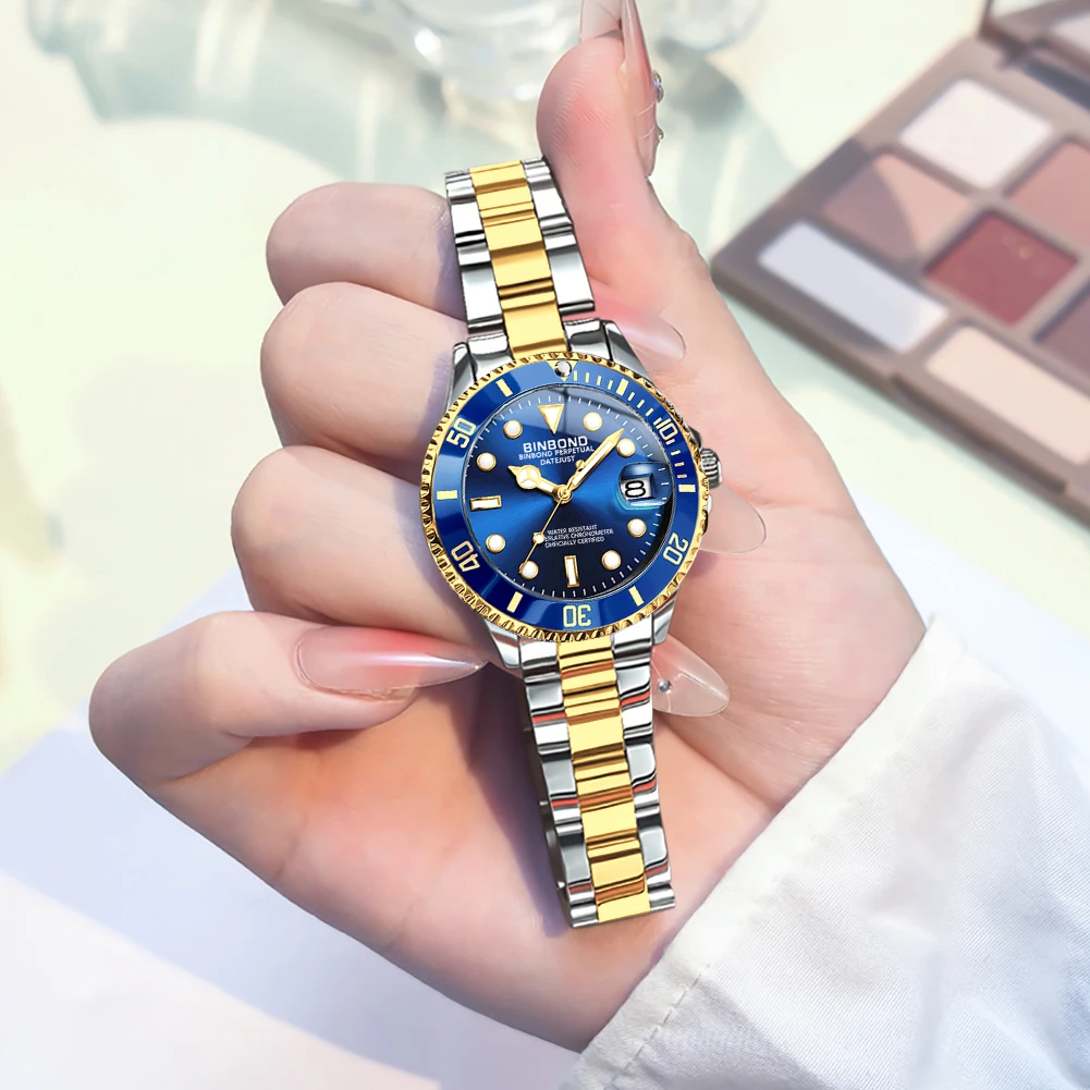 BINBOND ساعات نسائية B920L موضة أنيقة ساعة كوارتز أصلية لسيدة مقاوم للماء الفولاذ المقاوم للصدأ مضيئة تاريخ الاتجاه الجديد
