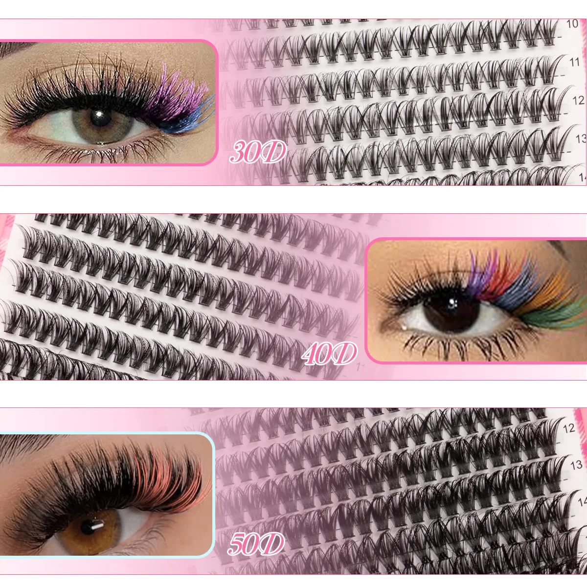 Duże, kolorowe kępki rzęs 30D40D50D 9-16mm, pęseta, klej do rzęs, miękkie i puszyste, odpowiednie do użytku osobistego i w podróży.