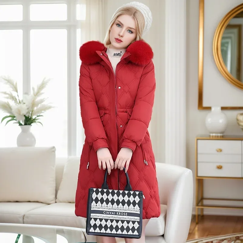 

2025 Women's Winter Long Cotton Jacket Female Fur Collar Thicken Warm Long Over-the-knee Lady Solid Color Demi-season Jacket