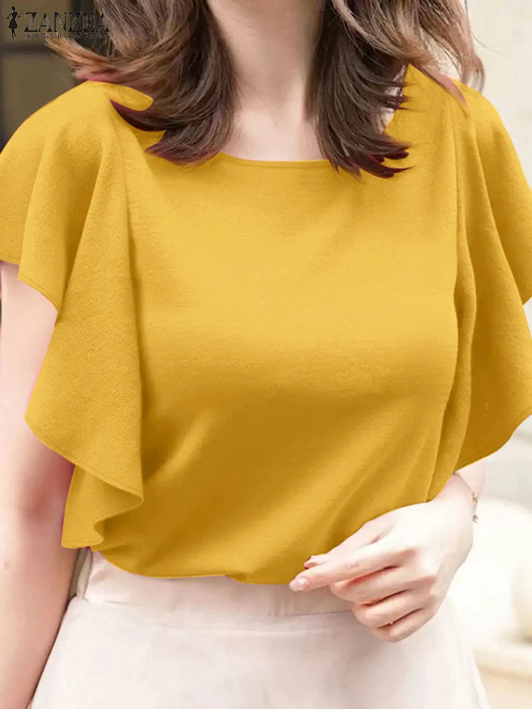 

ZANZEA Crinkle Textured O-Neck Tops Fashion Casual Ruffle Sleeve Woman Blusas Mujer Solid Color Streetwear 2025 Summer Blouses