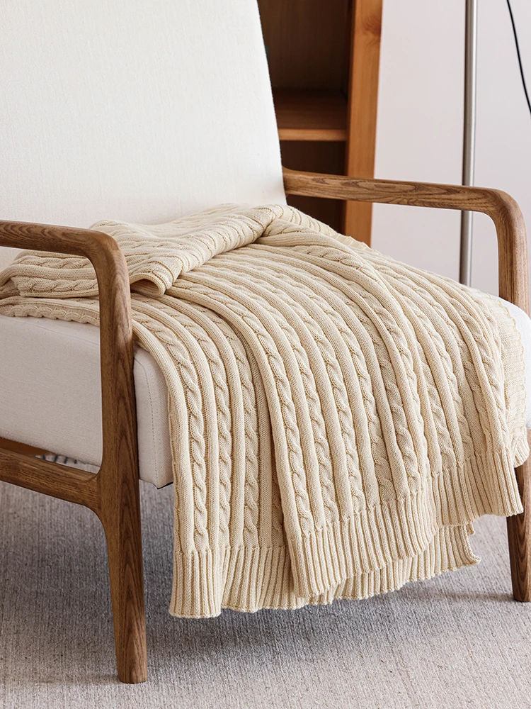 

Плед из чистого хлопка, вязаный, для дивана, декоративный, классический, с узором «косичка», нежно-бежевый, в скандинавском стиле, на все сезоны