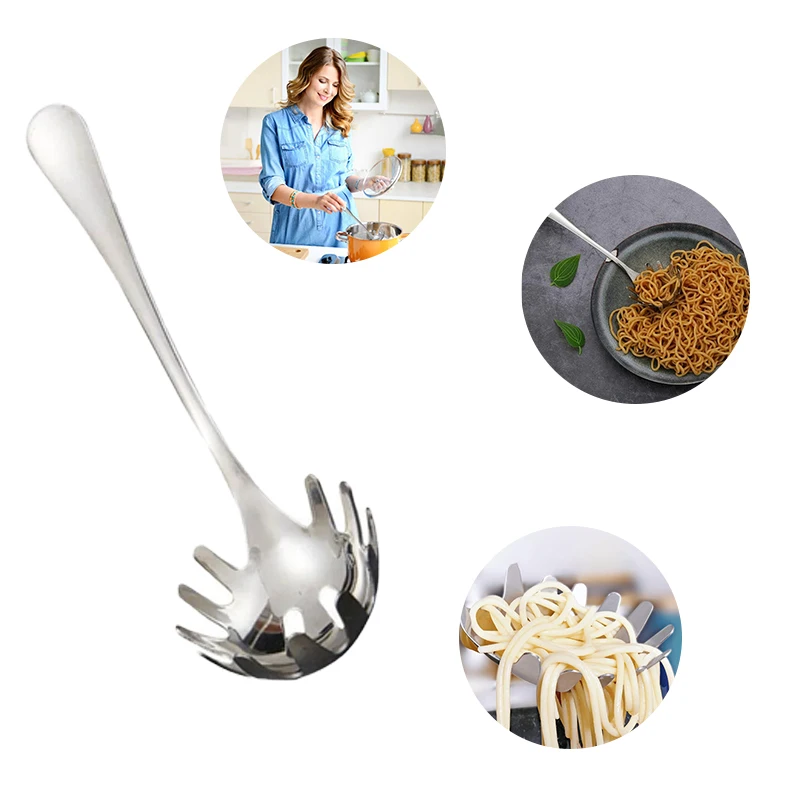 Servidor de Pasta de cocina con dientes, acero inoxidable, garra de espagueti ranurada para servir y colar fideos, cuchara
