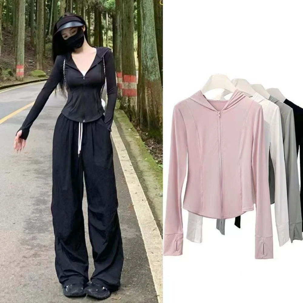 

Fashion Anti UV Summer Sunscreen Hoodie Shirt Solid Color Quick Dry Jacket Women Long Sleeve Thin Sun Protection Coats Sports