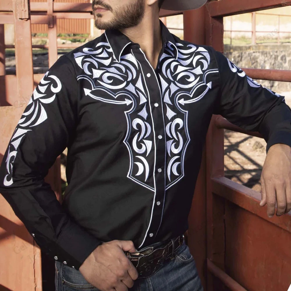 

Мужская джинсовая рубашка больших размеров в стиле вестерн с длинным рукавом, винтажная гавайская рубашка с ковбойским принтом, мужская и женская модная повседневная блузка, мужская одежда