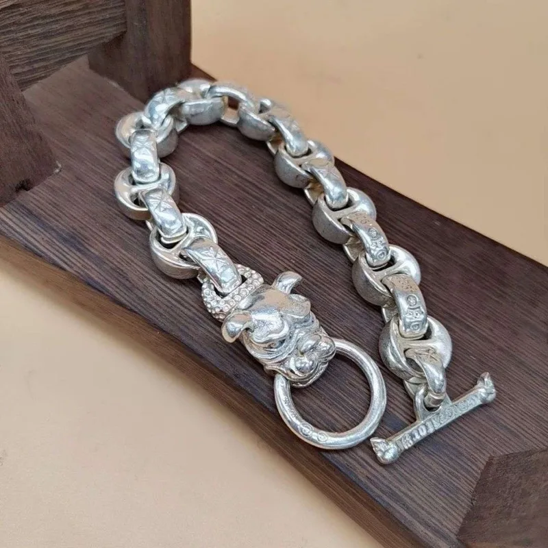 Vintage Copper Silver Plated Dog Head Bracelet for Men, Carved with Stamp Mark, Retro Punk Unique Hand Jewelry Gift
