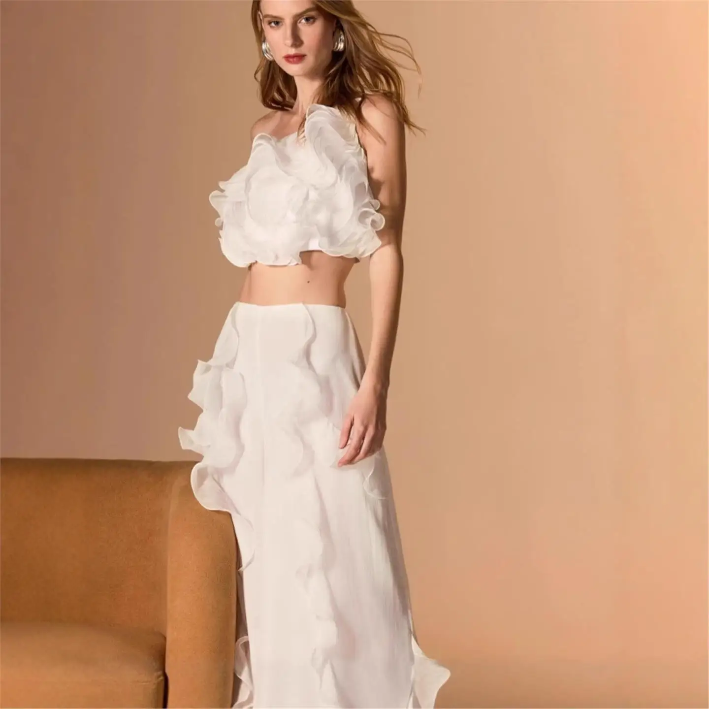 

Комплект брюк с низкой талией, сексуальная однотонная многослойная лоскутная юбка с рюшами и оборками на талии, повседневные брюки для женщин