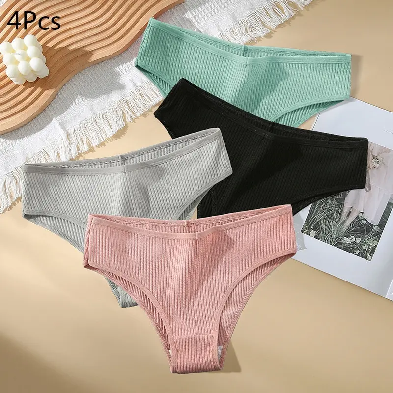 Summer Solid Color Cotton Panties Female Underpants Sexy Panties for Women Briefs Underwear Plus Size Pantys Lingerie 4PCS/Set