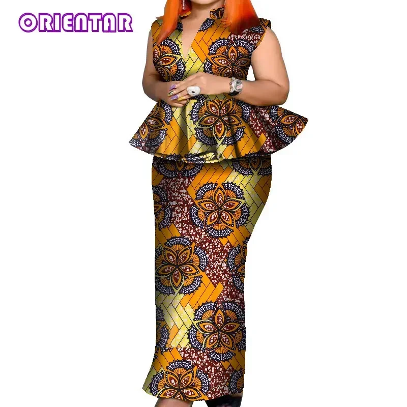 Tenue africaine pour femmes, ensemble 2 pièces, imprimé africain, chemisier sans manches et longue jupe, grande taille, vêtements africains pour femmes, WY8049