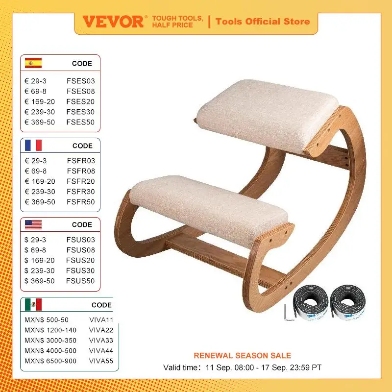 VEVOR Ergonomic Kneeling Chair Stool W/ Thick Cushion Home Office Chair Improving Body Posture Rocking Wood Knee Computer Chair