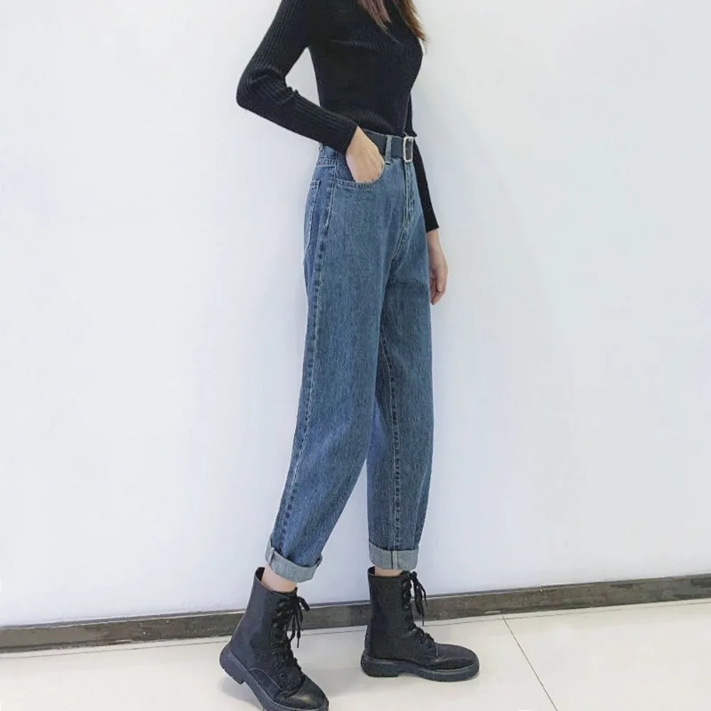 

Винтажные свободные прямые плюшевые брюки с высокой талией для папы, джинсы Харлан, женские новые корейские модные универсальные женские свободные джинсовые брюки