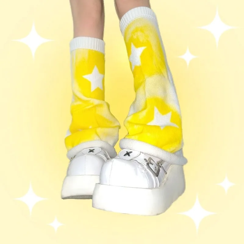 Japanese Girls Streetwear Fashion Kawaii Women Leg COS Socks Y2k Harajuku Yellow Star Knitted Leg Cover