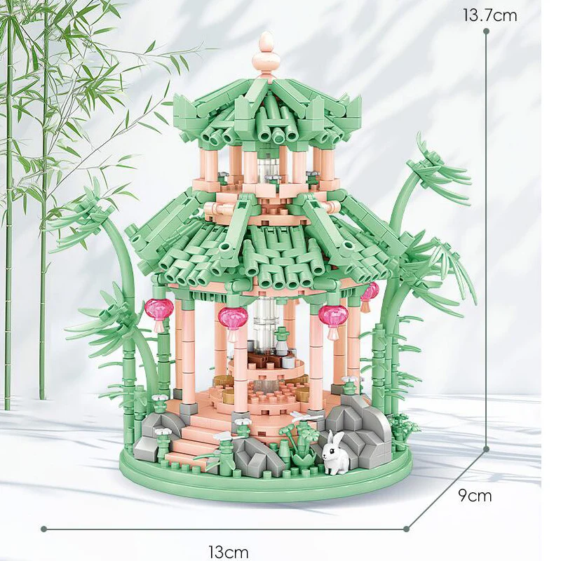 OUZEY 10" Chinese Long Pavilion Building Blocks, 14+ Micro Particles DIY Ancient Architecture Model, Creative Desk Decor Gift