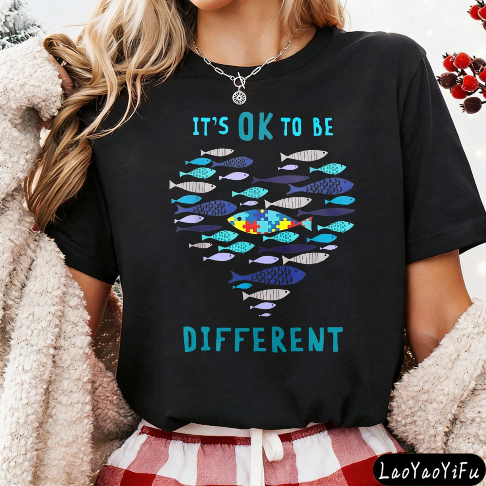 Its Ok To Be Different Fish Pattern Women Graphic T Shirts Cotton Short Sleeve Casual Fashion Summer Fishing Enthusiast Tops