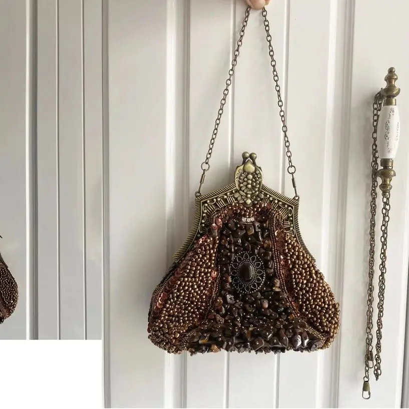 Lost in Vintage Evening Handbag Beaded Pattern Metal Frame Clutch Purse with the 2 Detachable Removalbe Shoulder Chain Party