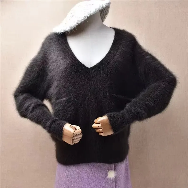 Senhoras mulheres outono inverno roupas vermelho angora coelho cabelo de malha com decote em v três quartos mangas soltas pulôver camisola pull