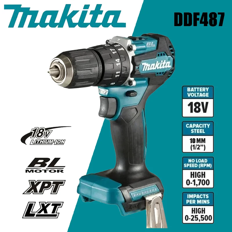 Makita DDF487 18V LXT Brushless Motor Drill Compact Big Torque Lithium Battery Electric Screwdriver Power Tool