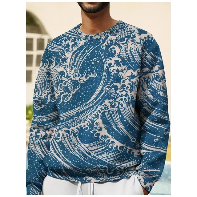 2024 NEW 3D Printed Japanese Ukiyoe Men's Manta Ray Jellyfish Pattern Sweater Casual O-Neck Pullover Long Sleeve