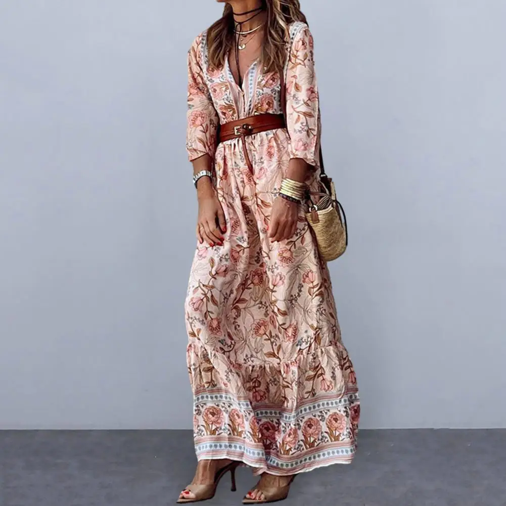 

1Pc A-line Women Spring Summer Dress Bohemian V Neck Spring Maxi Dress Ankle Length Loose Tight Waist Lady Maxi Dress with Belt