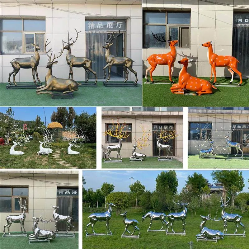 Stainless steel deer sculpture mirror belongs to simulated child and mother sika deer outdoor garden landscape