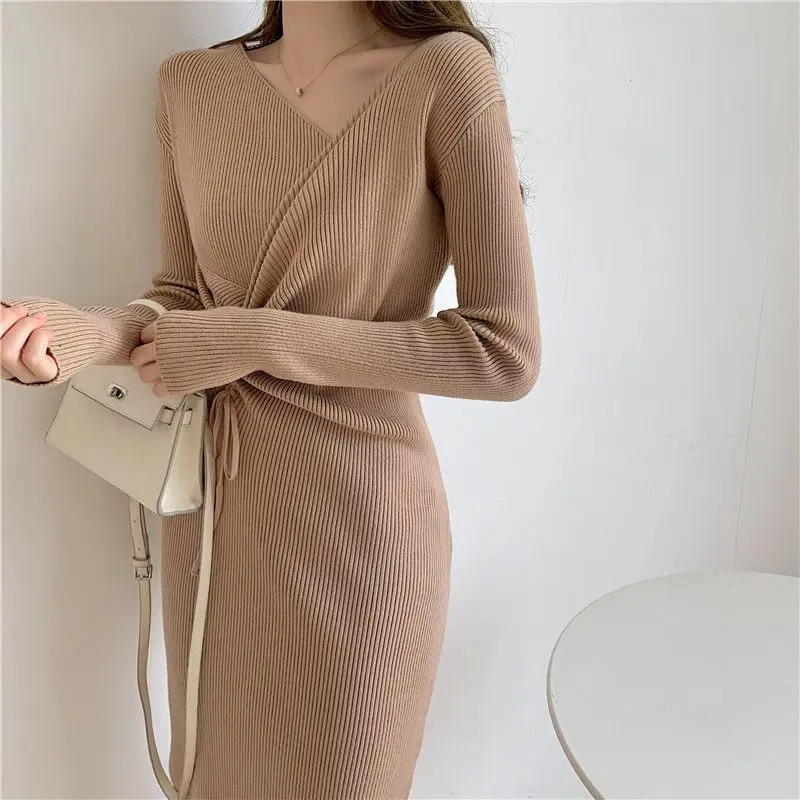 Women\'s Ruched Lace Up Elegant Chic Bodycon Ribbed Knitted Dresses Sexy V Neck Long Sleeve Solid Split Midi Dress Party Vestidos