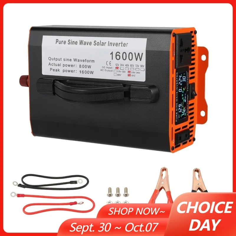 Pure Sine Wave Inverter 12V 24V DC 1600W AC 220V 50Hz Power Inverters Voltage Converter Home Auto Converter Solar Energy