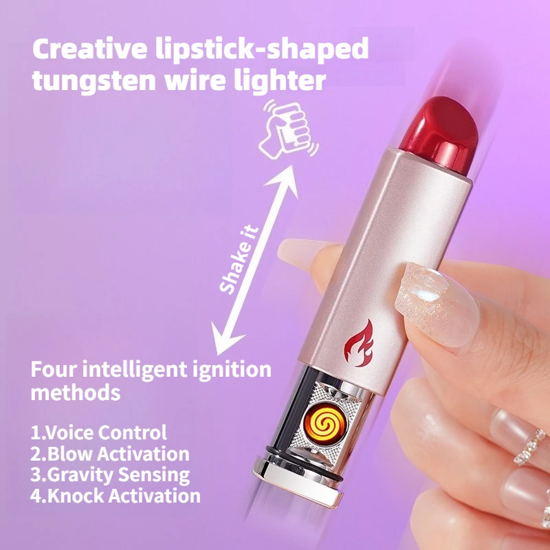 

Windproof Lipstick Shaped Smart Lighter,4Modes(Voice/Blow/Gravity/Knock)Tungsten Wire Rechargeable Lighter,Portable Lighter