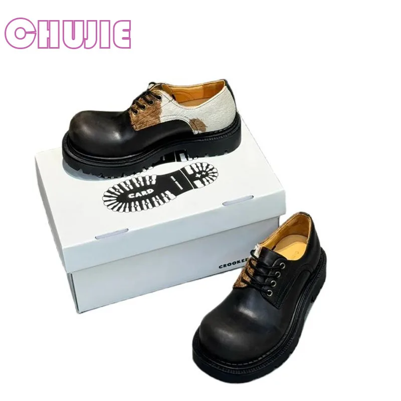 CHUJIE  Summer New Spliced Horse Hair Raised Head Lefu Round Toe Thick Sole Mandarin Duck Wave Dot Colored Casual Single Shoes