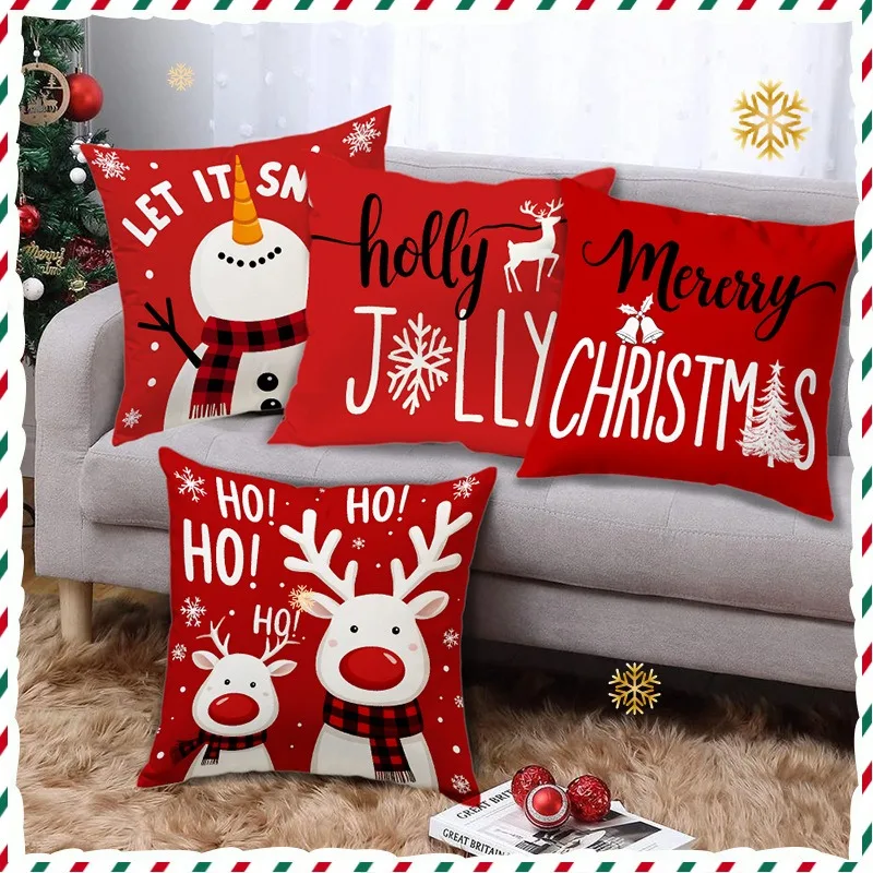 

Christmas Red Throw Pillows Snowman Deer Merry Words Polyester Pillowcase, Sofa Decorative Cushion Cov Headboard Pillow