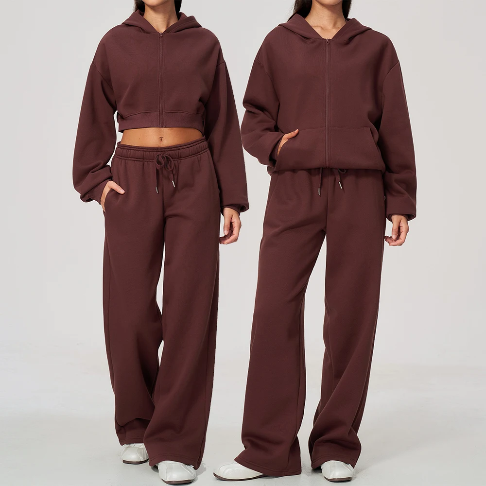 Women 2 Piece Yoga Set Fleece Lined Warm Cropped Zip Hoodie Wide Leg Sweatpants Tracksuit Casual Gym Suit Sportswear Solid Color