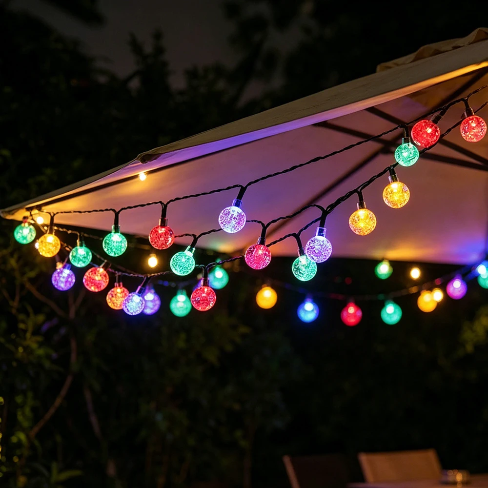 Solar String Lights Outdoor, LED Crystal Balls Light Solar Globe String Lights Waterproof 8 Mode Solar LED Fairy Light Strings