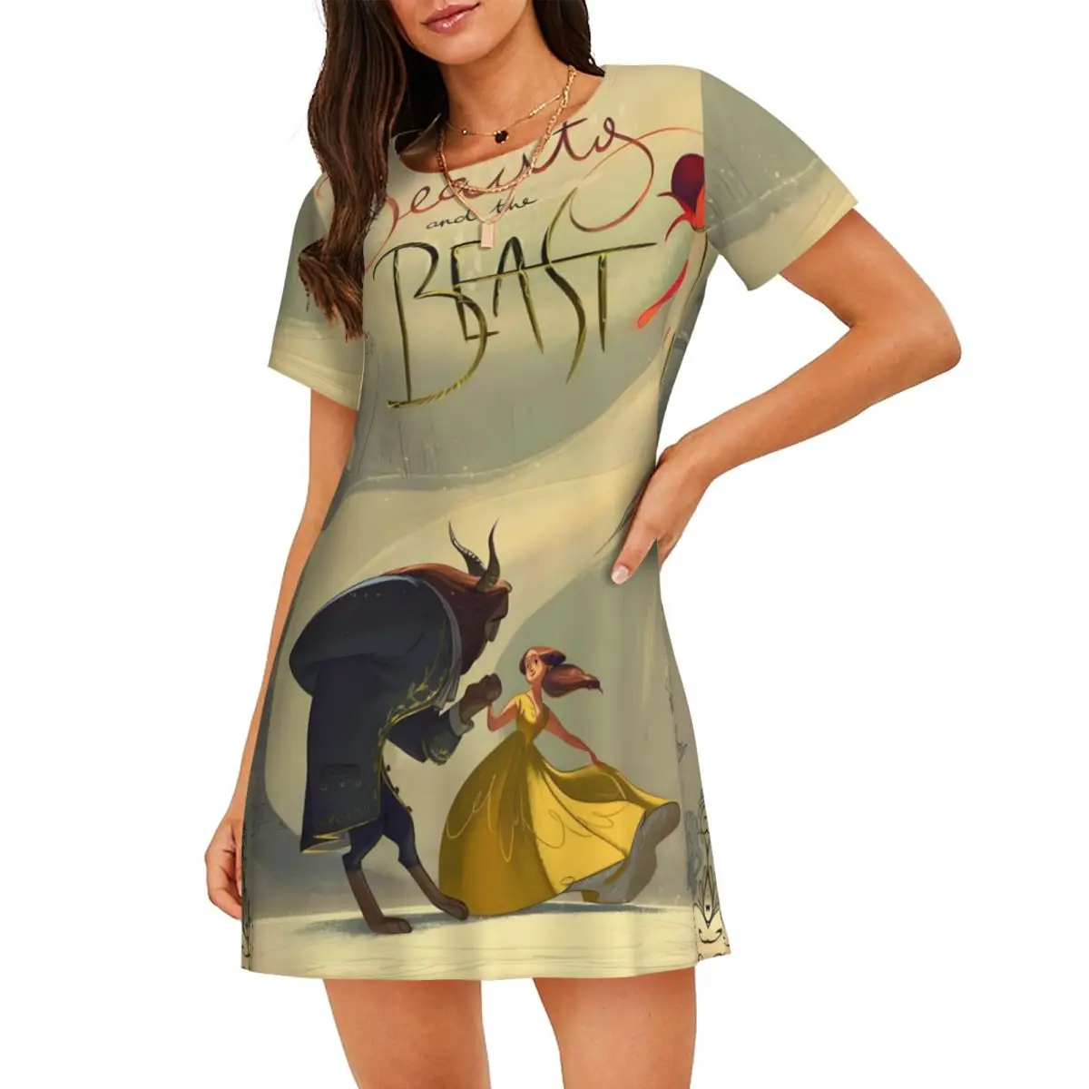 

Женская ночная рубашка «Красавица и чудовище» на заказ, одежда для сна с короткими рукавами, сказка для отдыха, путешествий, ночные рубашки, женские пижамы