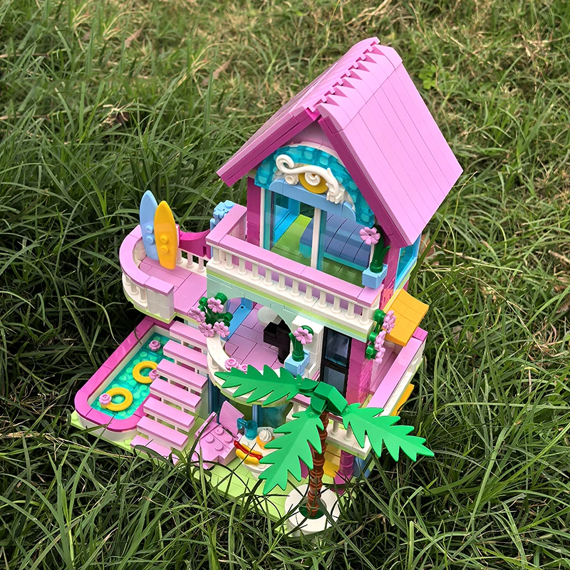 Friends City House Summer Holiday Villa Castle Building Blocks Pink Apartment Swimming Pool DIY Toys Christmas Gift for Kid Girl