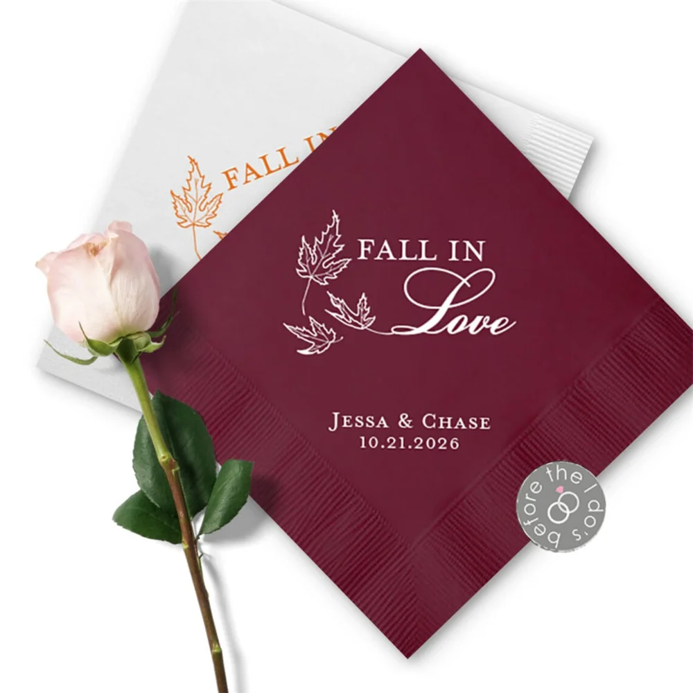 Personalized Fall in Love Wedding Napkins - Cocktail Napkins - Paper Wedding Napkins - Wedding Bar Napkins - Autumn Wedding Deco