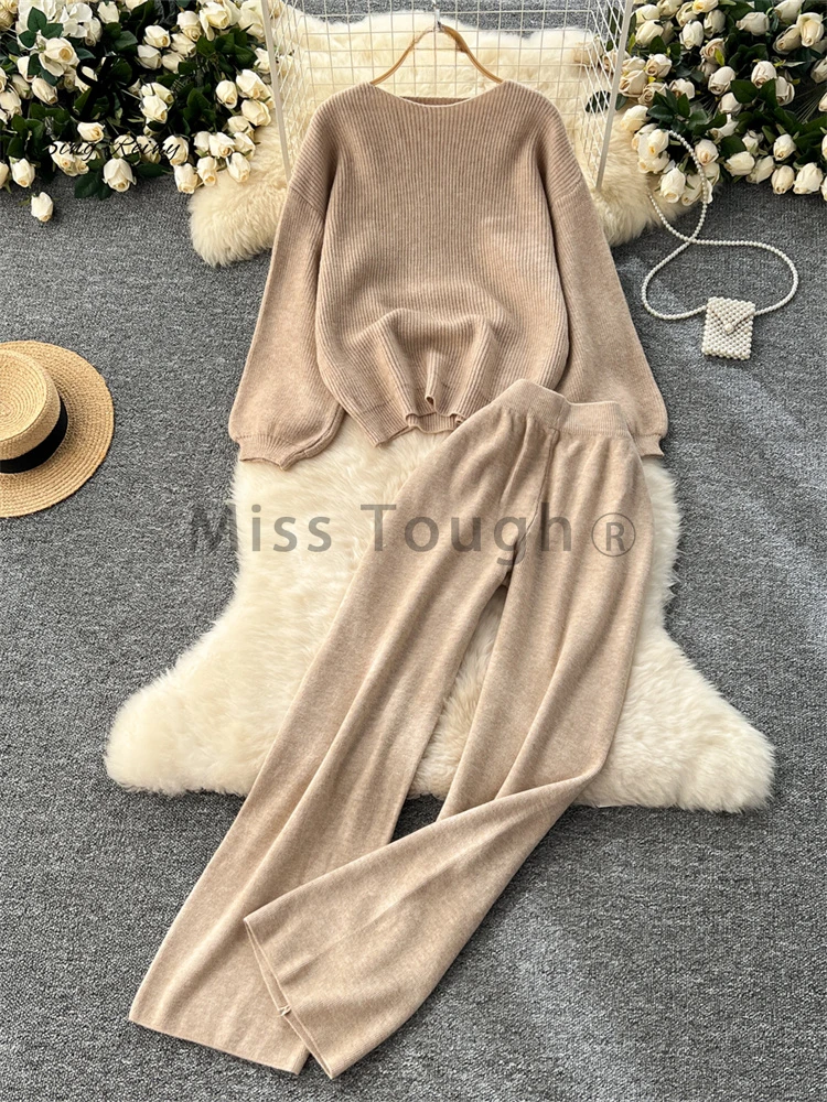 Autumn Korean Chic Warm Knitted 2 Piece Sets Casual Tops + High Waist Wide Legs Long Pants New Retro Solid Street Fashion Suit