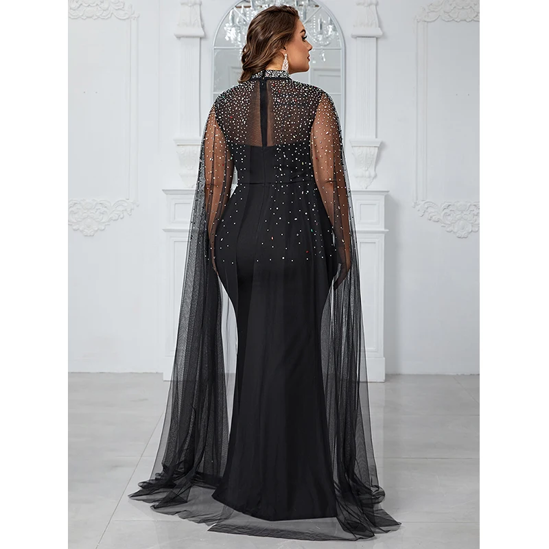 Elegant Ladies Dress Women Black Mesh Beading Formal Occasion Cocktail Prom Gown Evening Party Long Maxi Dresses 4XL