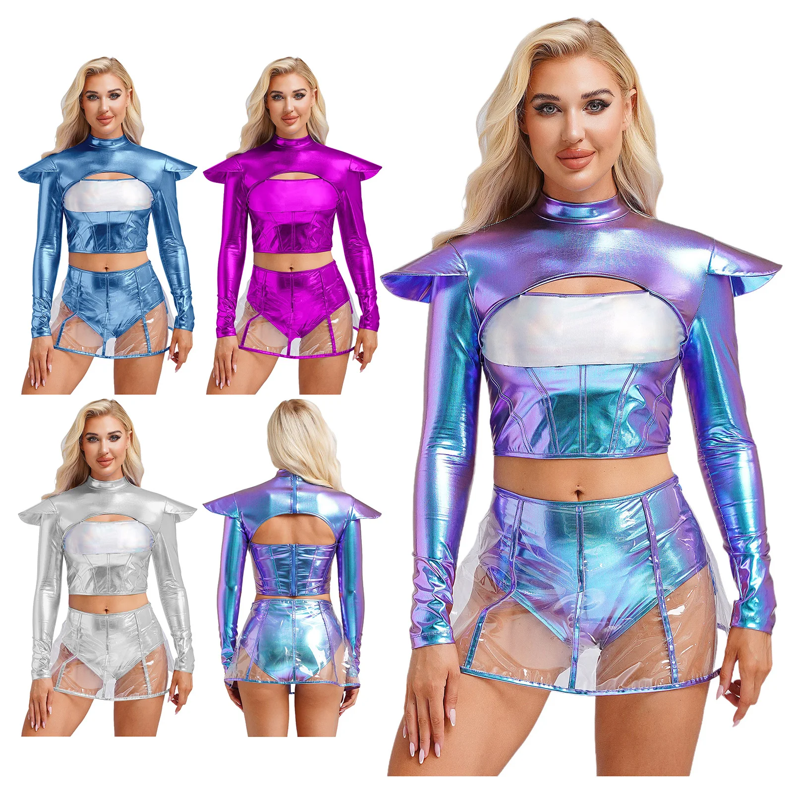 Vrouwen Galaxy Alien Astronaut Outer Space Rollenspel Kostuum Crop Top met lange mouwen en slip Rok voor Carnaval Party Halloween